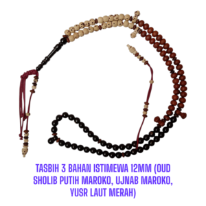 Tasbih 3 Bahan Istimewa Bulat 11-12mm (Oud Sholib Putih Maroko, Unnab Maroko, Yusr Laut Merah Mesir)