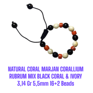 GELANG NATURAL RED CORAL MARJAN (CORALLIUM RUBRUM) MIX BLACK CORAL & IVORY 3,14 Gr 16+2 Beads