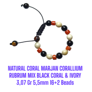 GELANG NATURAL RED CORAL MARJAN (CORALLIUM RUBRUM) MIX BLACK CORAL & IVORY 3,07 Gr 16+2 Beads