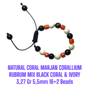 GELANG NATURAL RED CORAL MARJAN (CORALLIUM RUBRUM) MIX BLACK CORAL & IVORY 3,27 Gr 16+2 Beads
