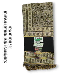 SORBAN IMPOR MESIR MERK AL TIMSAAHUN PJ 218CM LB 75CM WARNA HITAM EMAS