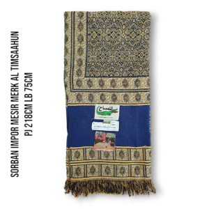 SORBAN IMPOR MESIR MERK AL TIMSAAHUN PJ 218CM LB 75CM WARNA BIRU TUA EMAS