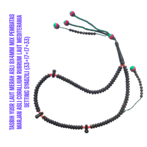 TASBIH YUSR LAUT MERAH ASLI 8X4MM MIX PEMBATAS MARJAN ASLI CORALLIUM RUBRUM LAUT MEDITERANIA SETTING SYADZILI (33+17+17+33)