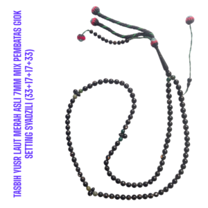 TASBIH YUSR LAUT MERAH ASLI 7MM MIX PEMBATAS GIOK SETTING SYADZILI (33+17+17+33)