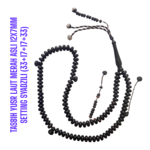 TASBIH YUSR LAUT MERAH ASLI 12X7MM SETTING SYADZILI (33+17+17+33)