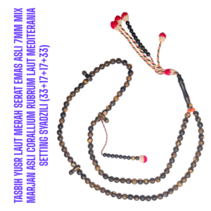 TASBIH YUSR LAUT MERAH SERAT EMAS ASLI 7MM MIX MARJAN ASLI CORALLIUM RUBRUM LAUT MEDITERANIA SETTING SYADZILI (33+17+17+33)