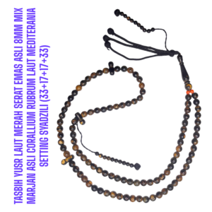 TASBIH YUSR LAUT MERAH SERAT EMAS ASLI 8MM MIX MARJAN ASLI CORALLIUM RUBRUM LAUT MEDITERANIA SETTING SYADZILI (33+17+17+33)