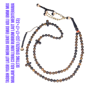 TASBIH YUSR LAUT MERAH SERAT EMAS ASLI 8MM MIX MARJAN ASLI CORALLIUM RUBRUM LAUT MEDITERANIA SETTING SYADZILI (33+17+17+33)