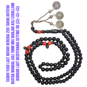 TASBIH YUSR LAUT MERAH BERUSIA 200 TAHUN ARTEFAK BUATAN MANUAL ASLI 11MM MIX MARJAN ASLI CORALLIUM RUBRUM LAUT MEDITERANIA SETTING 99 (33+33+33)